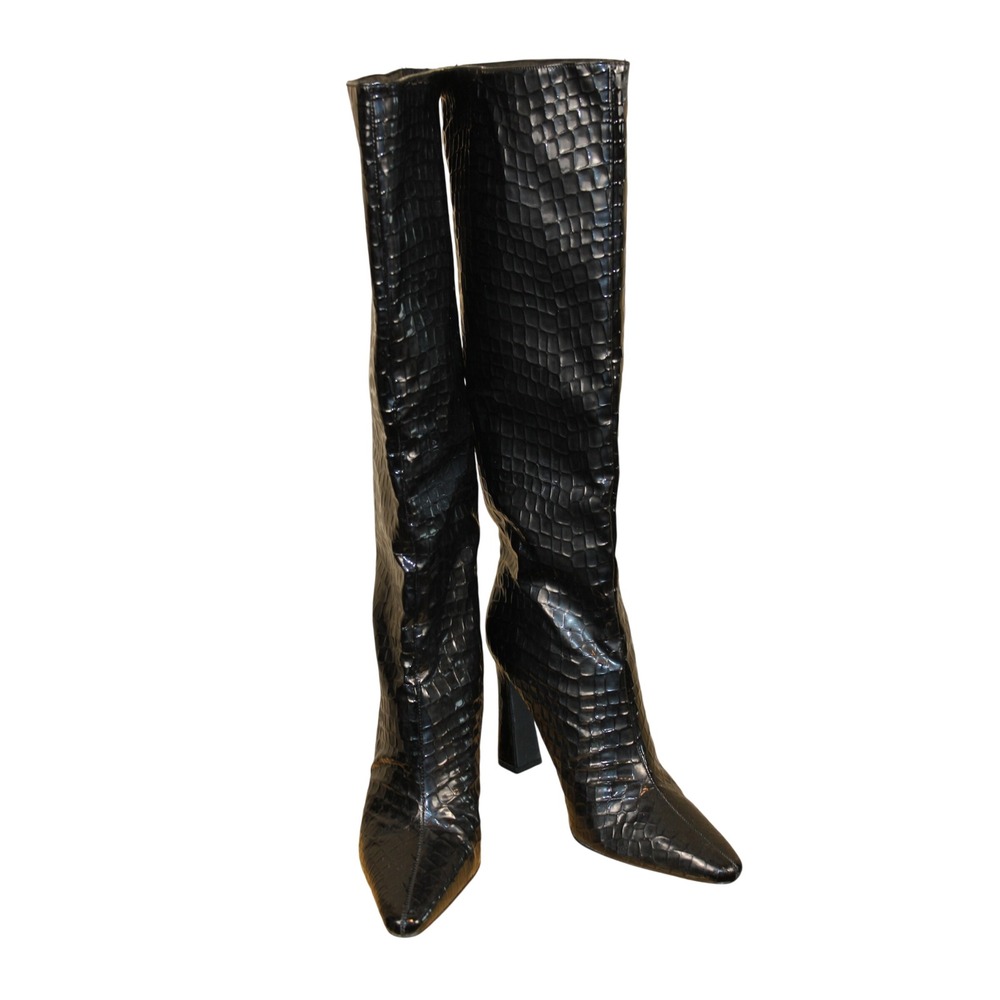 Princess Polly Jamie Chic Edgy Black Knee High Croc Faux Patent Leather Boots 10